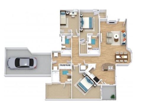 A floor plan of a house with a car parked outside.